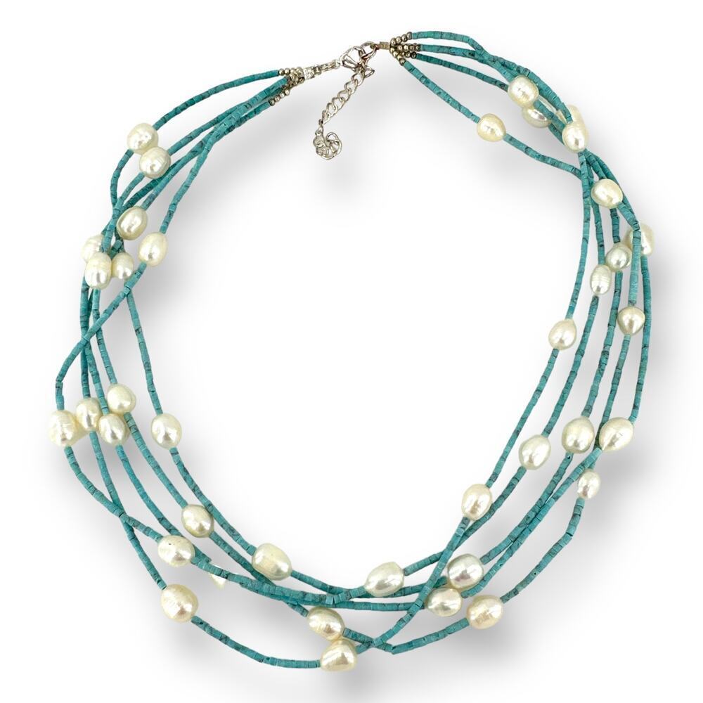 Multi-Strands Genuine Pearl Necklace Semi-Precious Beaded Silver Plated Clasp